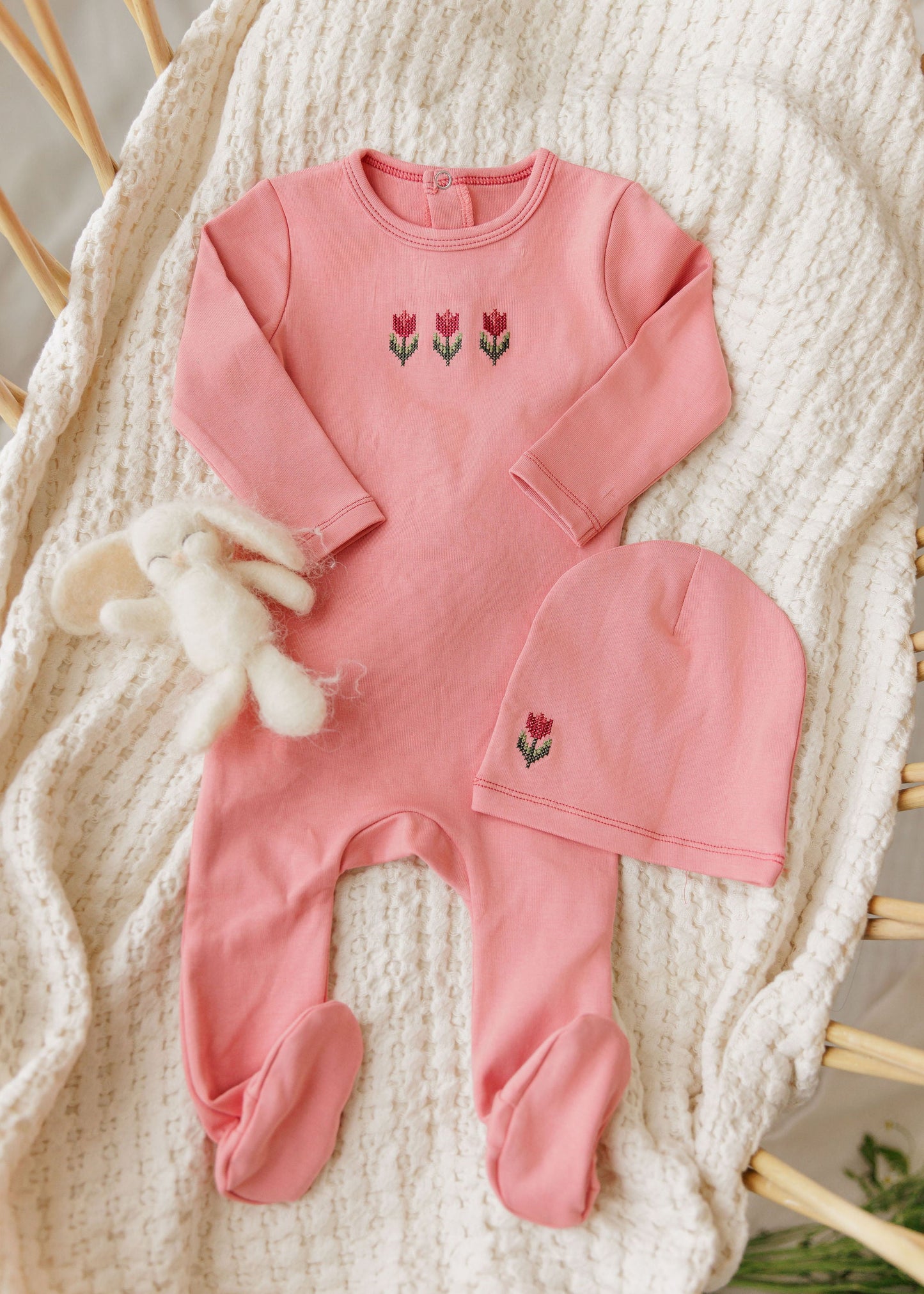 Aurora Cotton Crossstich Tulip Collection Footie + Beanie - ASS26-0060-FB