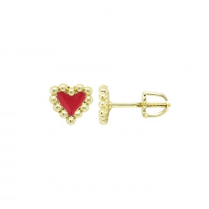 Delino Gold Plated Dotted Border Heart 7Mm Red Enamel Surgical Steel Screw Back Stud - 3EPS4857-B-GD