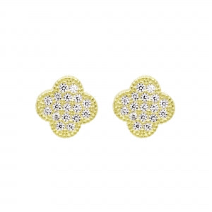 Delino Gold Plated Surgical Steel White CZ Pave Clover On Screw Post Earring - 3EPS49-SU-GD
