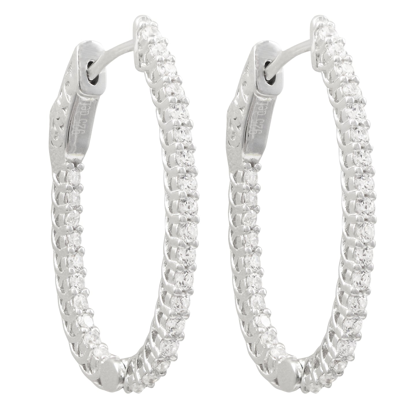 Delino Rhodium Plated Sterling Silver - Oval 31x20mm CZ Hoop Earrings With Hinge Closure - 7EP637-SS-SR