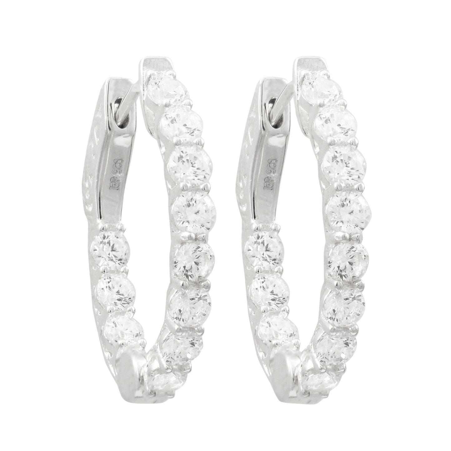 Delino Rhodium Plated Sterling Silver - CZ Oval Hoop Earrings With Hinge Closure - 7EP656-SS-SR