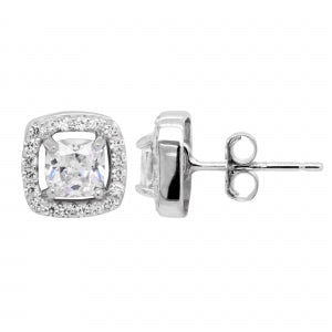 Delino White CZ Center With White CZ Border - Rhodium Plated Sterling Silver Square Post Earrings - 7EP723-SS-SR
