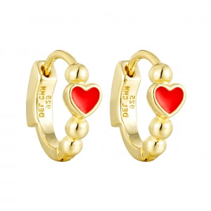 Delino Gold Plated Sterling Silver - Enamel Heart On Gold Balls Hinge Hoop Earrings - 9EP177-SS-GD