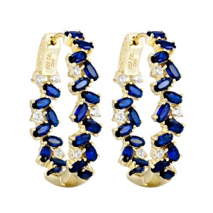 Delino Gold Plated Sterling Silver - Sapphire Blue And White CZ 28X20mm Hoop Earring - 9EP466-SS-GD