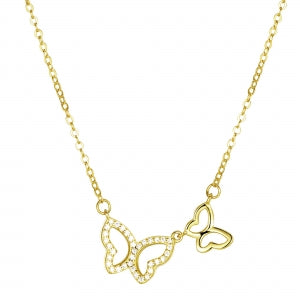 Delino Gold Plated Sterling Silver Double Butterfly CZ Necklace - 9N601-SS-GD
