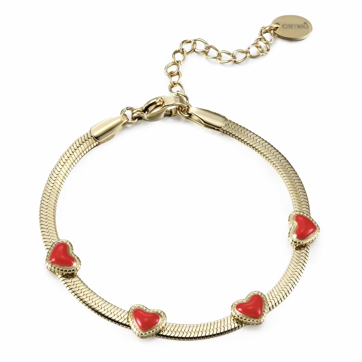 Cameo Enamel Puffed Hearts on Snake Chain Bracelet - B1379