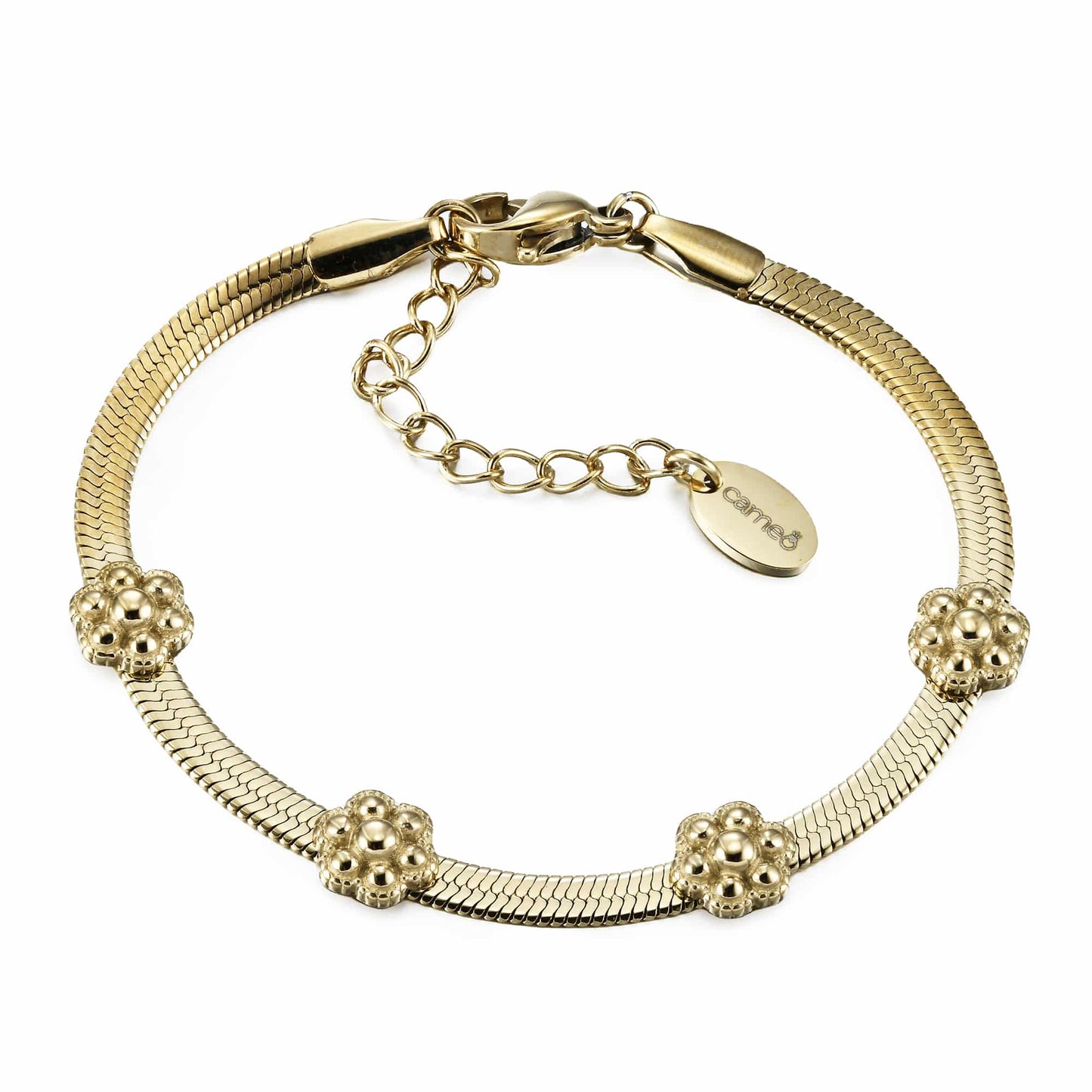 Cameo Shiny Gold Flowers on Snake Chain Bracelet - B1380