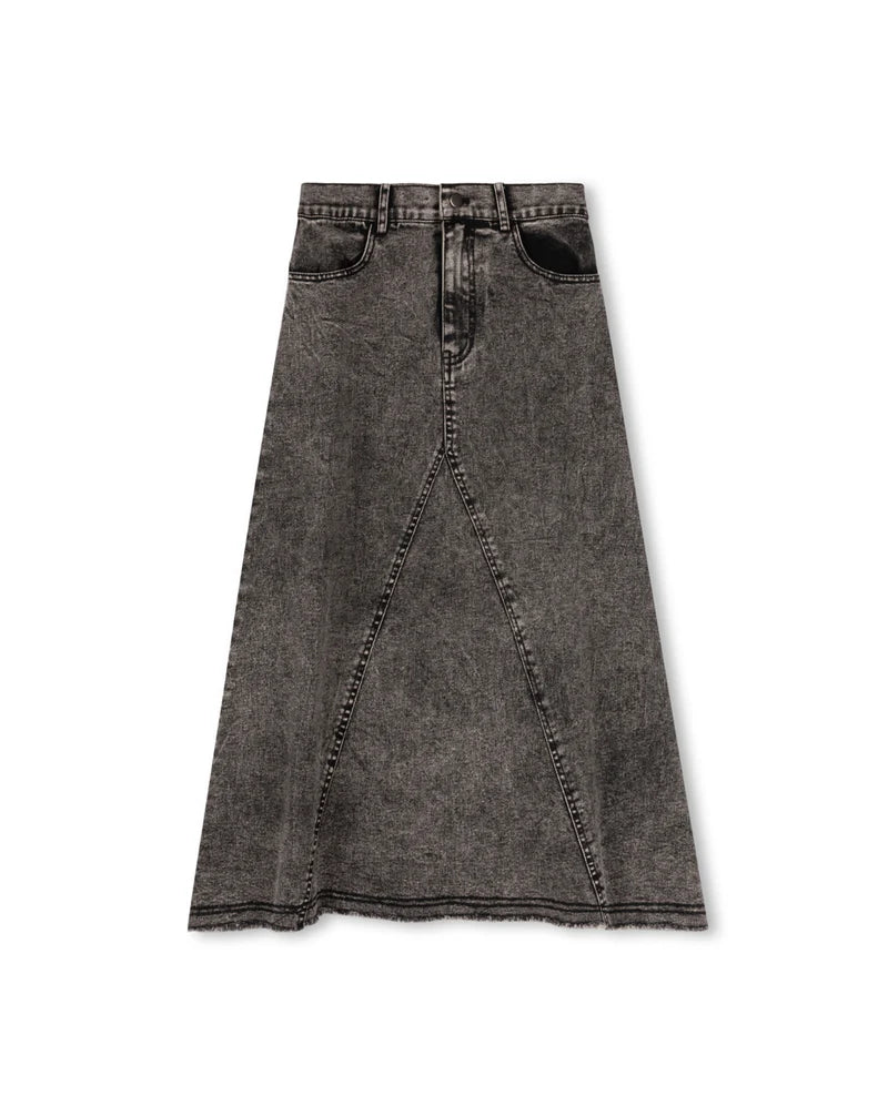 Vibe Fringe Hem Denim Midi Skirt - C-18349