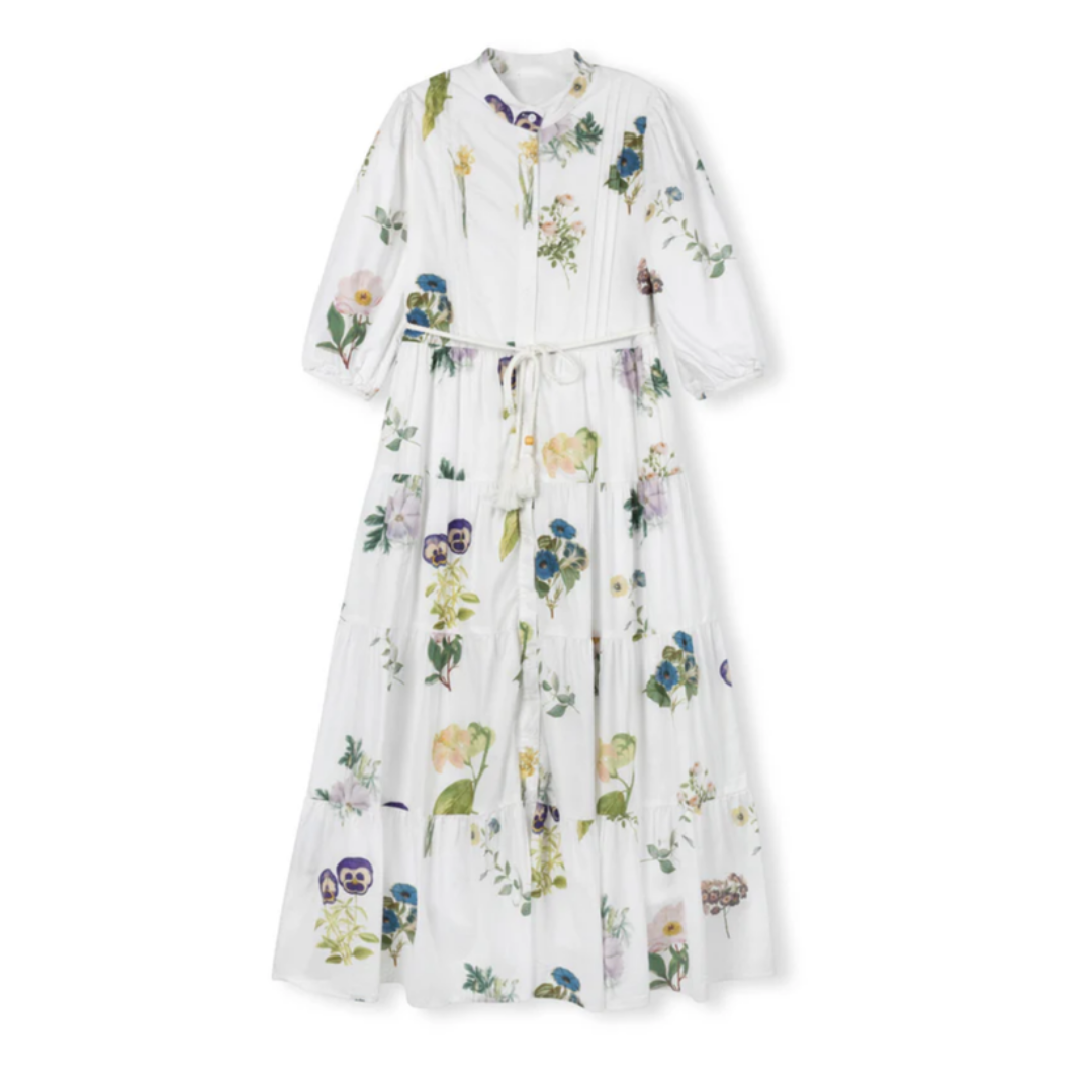 Minimal Floral Tiered Button Dress - C-25993