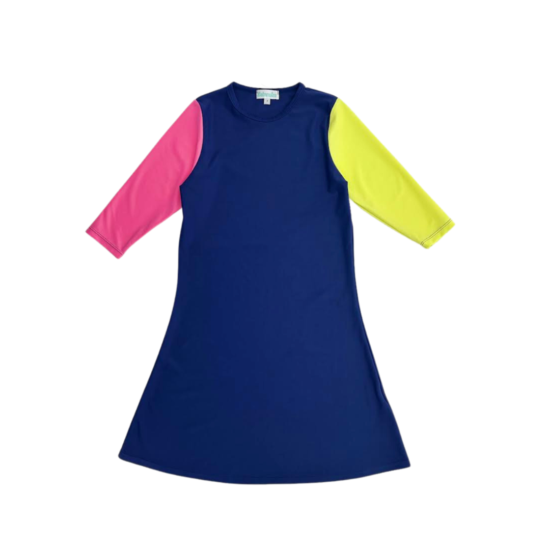 short sleeve swim dress Waterwize Girls Navy Swim Dress With Colorful Sleeves