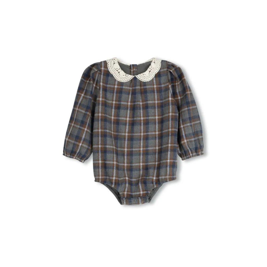 One Child Arlin Plaid Crochet Collar Romper - C-22801
