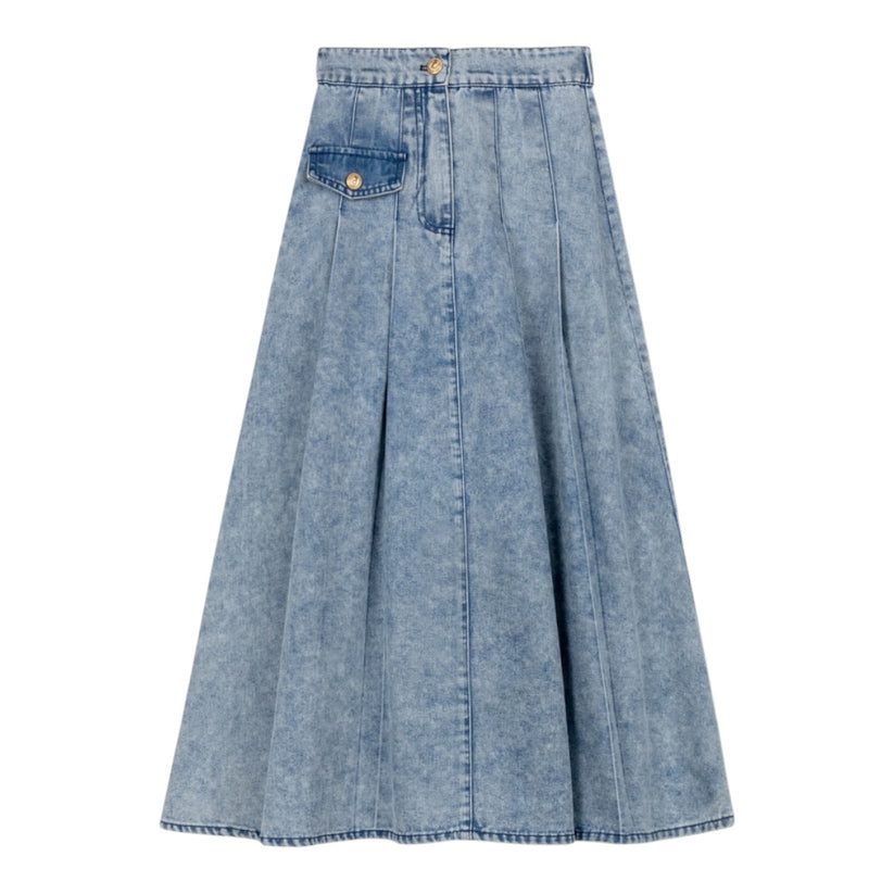 Vibe Single Pocket Denim Pleated Maxi Skirt - C-26361 | Hosiery Plus