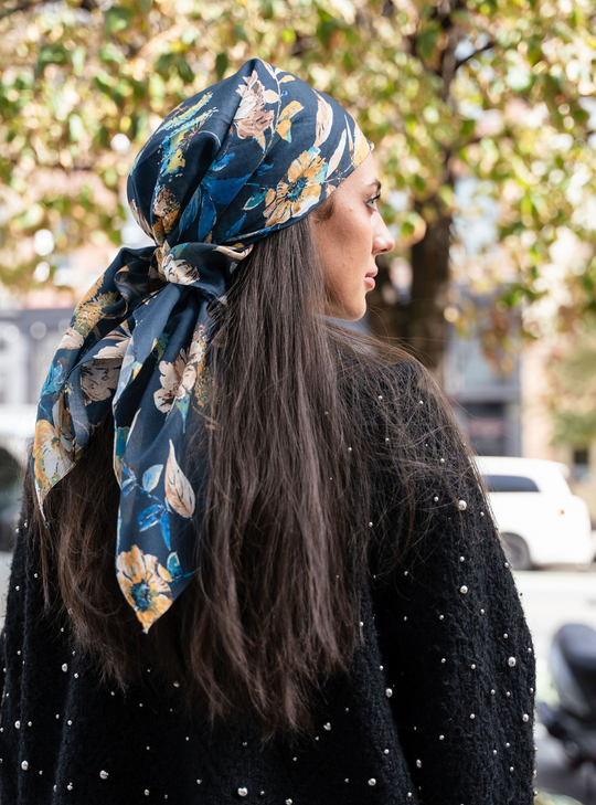 Tal Golden Blue Floral Headscarf - Tal-51-AYR
