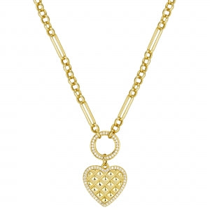 Delino Gold Plated Brass CZ Quilted Heart Necklace - N4960-B-GD