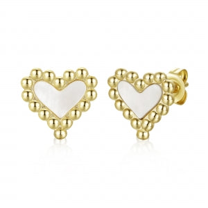 Delino Gold Plated Surgical Steel Mother Of Pearl Heart With Dotted Ball Border Screwback Earrings - 3EPS4836-SU-GD