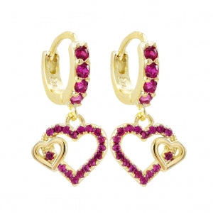 Delino Lab Created Corundum Dangling Double Cutout Hearts - Gold Plated Surgical Steel Huggie Hoop Earrings With Stones - 3EW15725-SU-GD