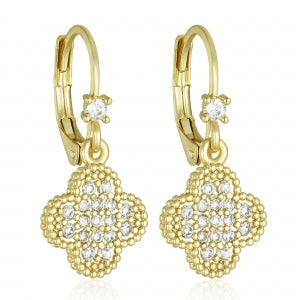 Delino Gold Plated Surgical Steel CZ Pave Clover On Lever Back Earrings - 3EW49-SU-GD