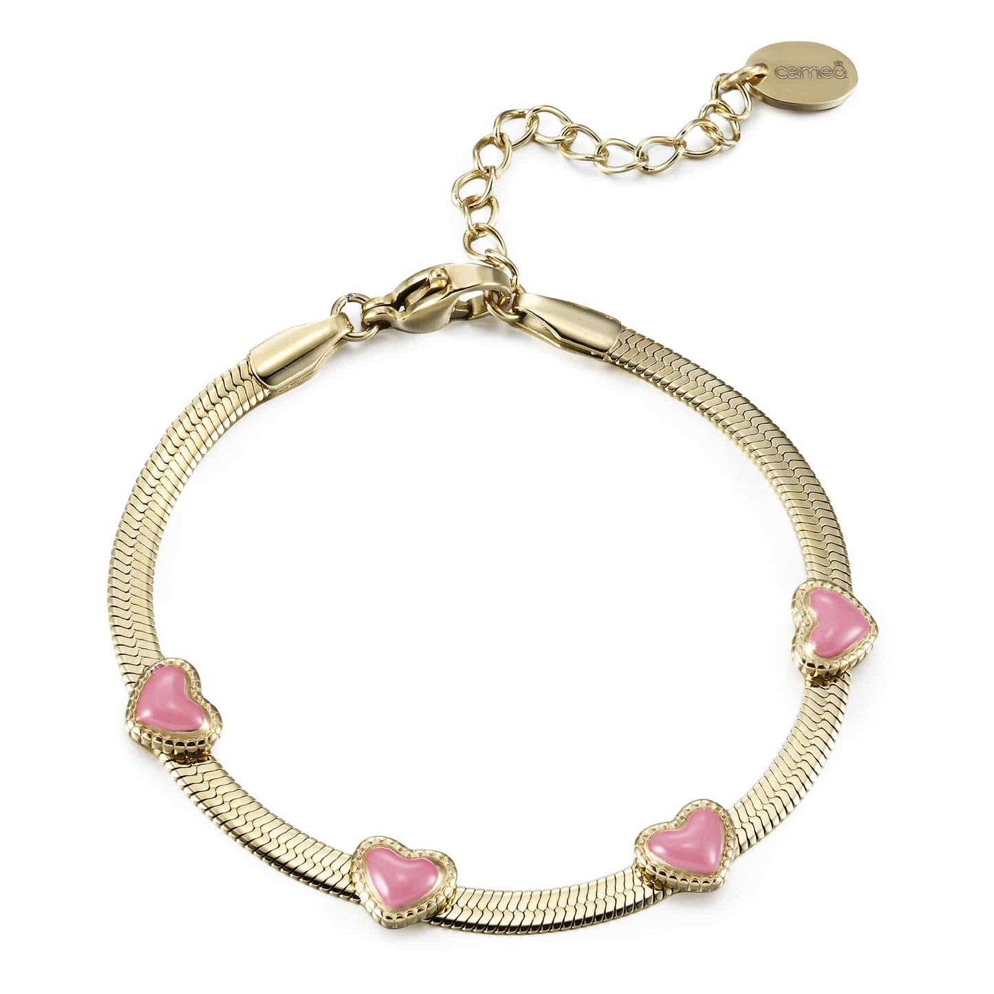Cameo Enamel Puffed Hearts on Snake Chain Bracelet - B1379