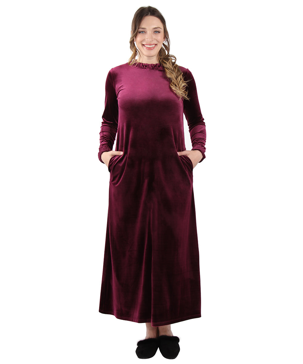 Women's Velour Ruched Neck Full Length Lounger Gown