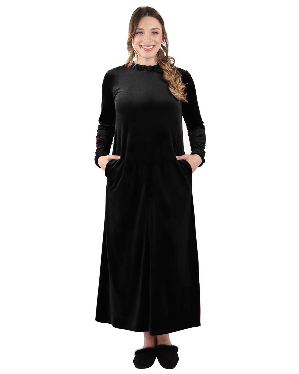 Women's Velour Ruched Neck Full Length Lounger Gown