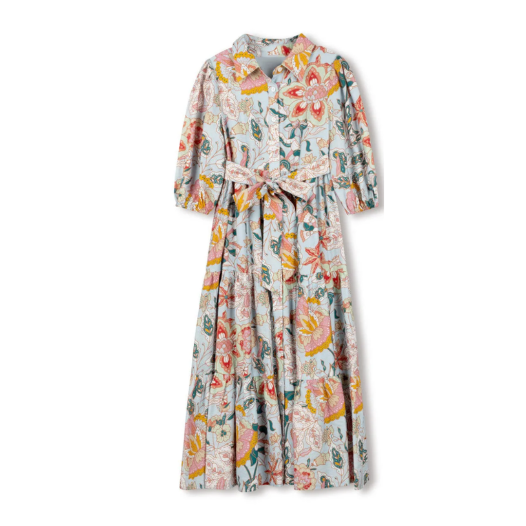 Minimal Floral Tiered Midi Button Down Dress - C-22892