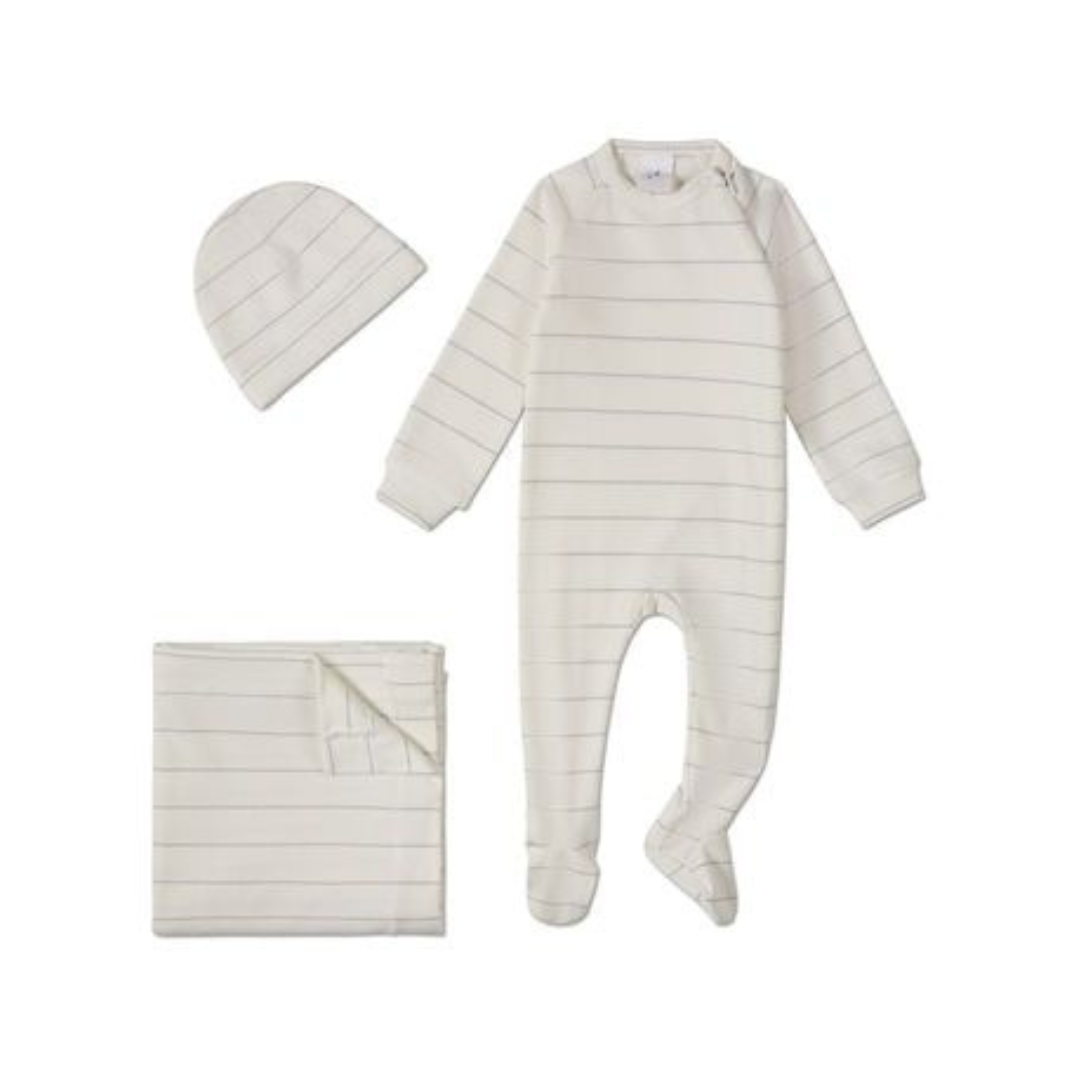 MiniMoi Metallic Striped Side Zipper 3 PC Footie Set - IND09267
