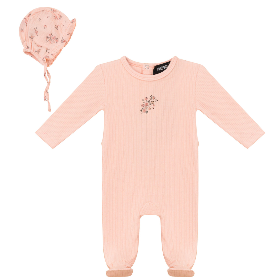 Space Grey Pointelle Rib Baby Stretchie With Gauze Bonnet - SB5CY2568