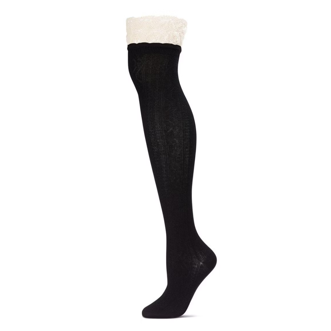 Memoi Womens Lace Top Cable Knit Knee High Socks Black - Mk-5054