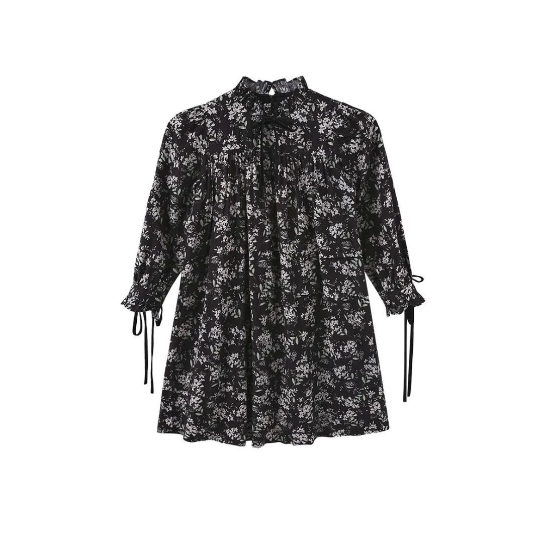Papillon Ruffle Neck Floral Dress - C-29724