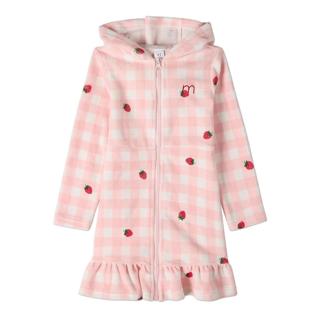 Memoi Strawberry Gingham Kids Full Zip Terry Robe - MXR10450