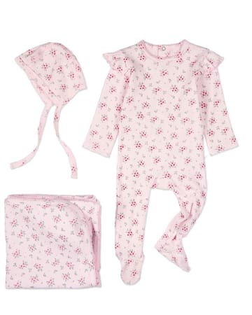 MiniMoi Ruffled Sleeve Floral 3 Pc Footie Set - INA09632