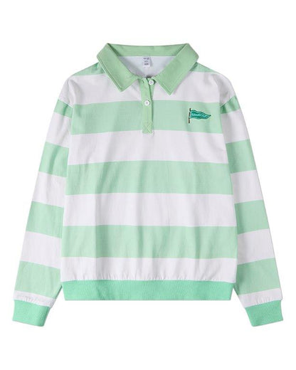 Memoi Summer Flag Striped Long Sleeve Polo Shirt - MKC-119