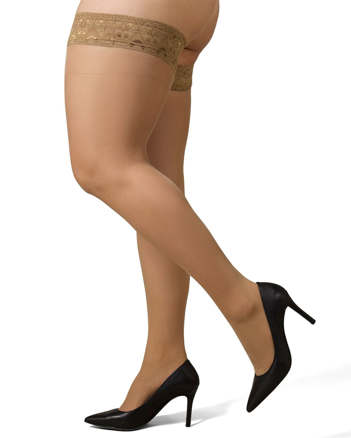 Memoi Plus Size Curvy Silky Sheer Lace Top Thigh High Stocking - Mm-2110