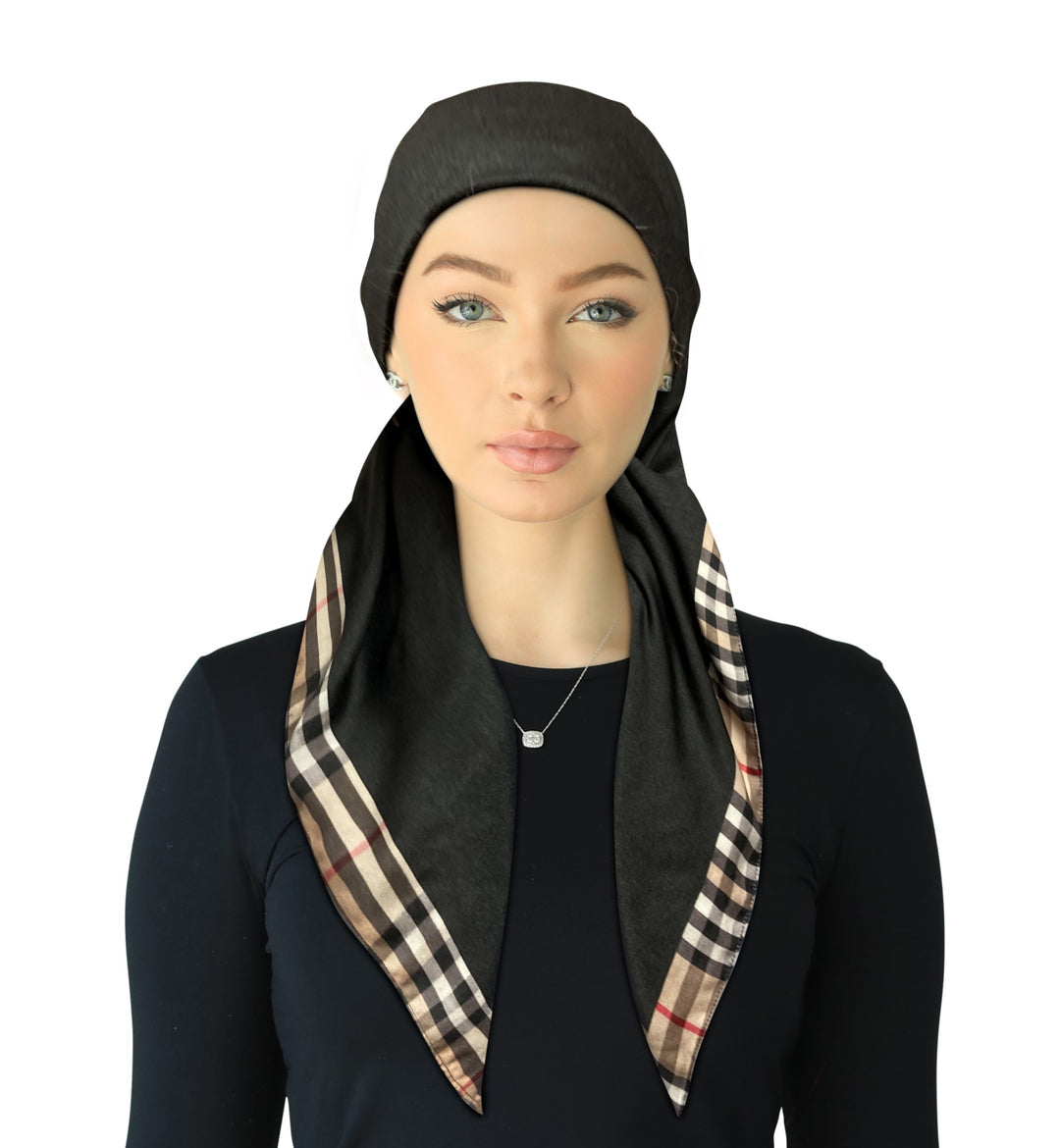 Cherie Accessories Open Back Adjustable Pre-Tied Headscarves Burberry Border - SP-318A