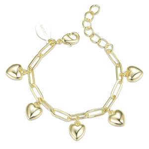 Delino Gold Plated Brass Puffy Heart Charms On Gold Plated Stainless Steel Paper Clip Chain Bracelet - B4785-B-GD