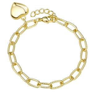 Delino Gold Plated Stainless Steel - Shiny Heart Charm - Rope Design Paper Clip Chain Link Bracelet - B4813-SU-GD