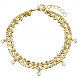 Delino Gold Plated Stainless Steel Heart Links And Cuban Chain With 5 CZ Bezel Setting Charms Double Strand Bracelet - B4908-SU-GD