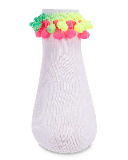 Neon Multi Pom-Pom Cotton Blend Girls Anklet Sock