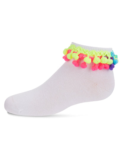 Neon Multi Pom-Pom Cotton Blend Girls Anklet Sock