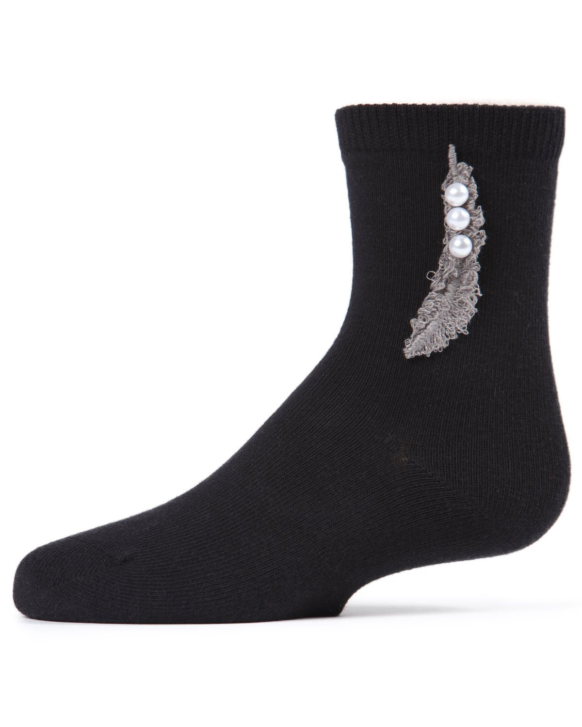 Feathery Combed Cotton Faux Pearl Girls Crew Socks